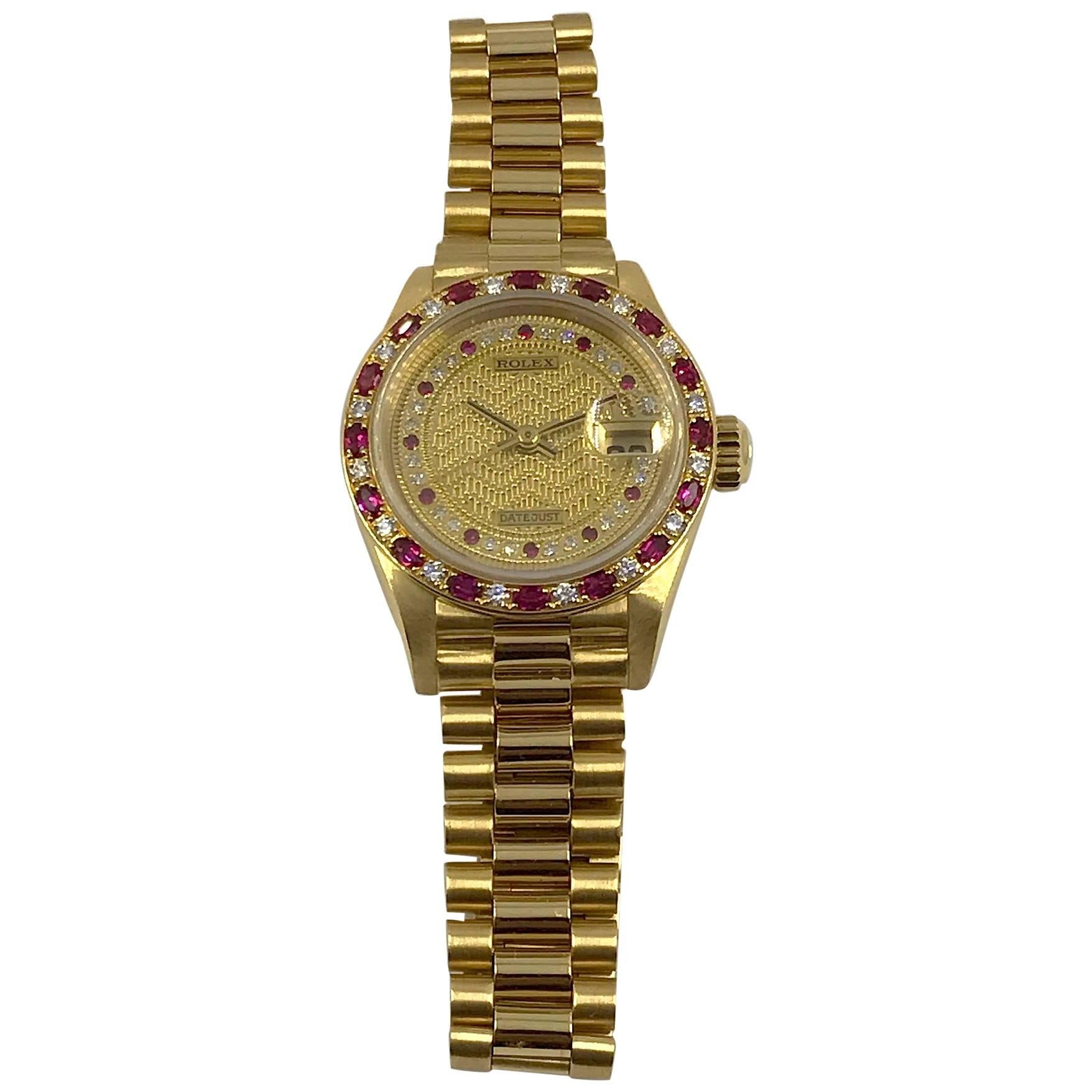 Rolex Yellow Gold Diamond Ruby Datejust Wristwatch 