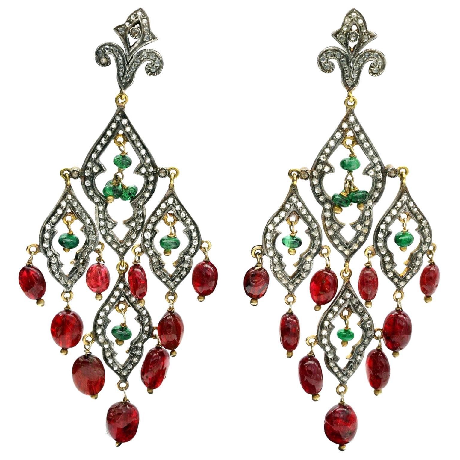 Boucles d'oreilles chandelier Tourmaline Diamant Argent sur Or en vente