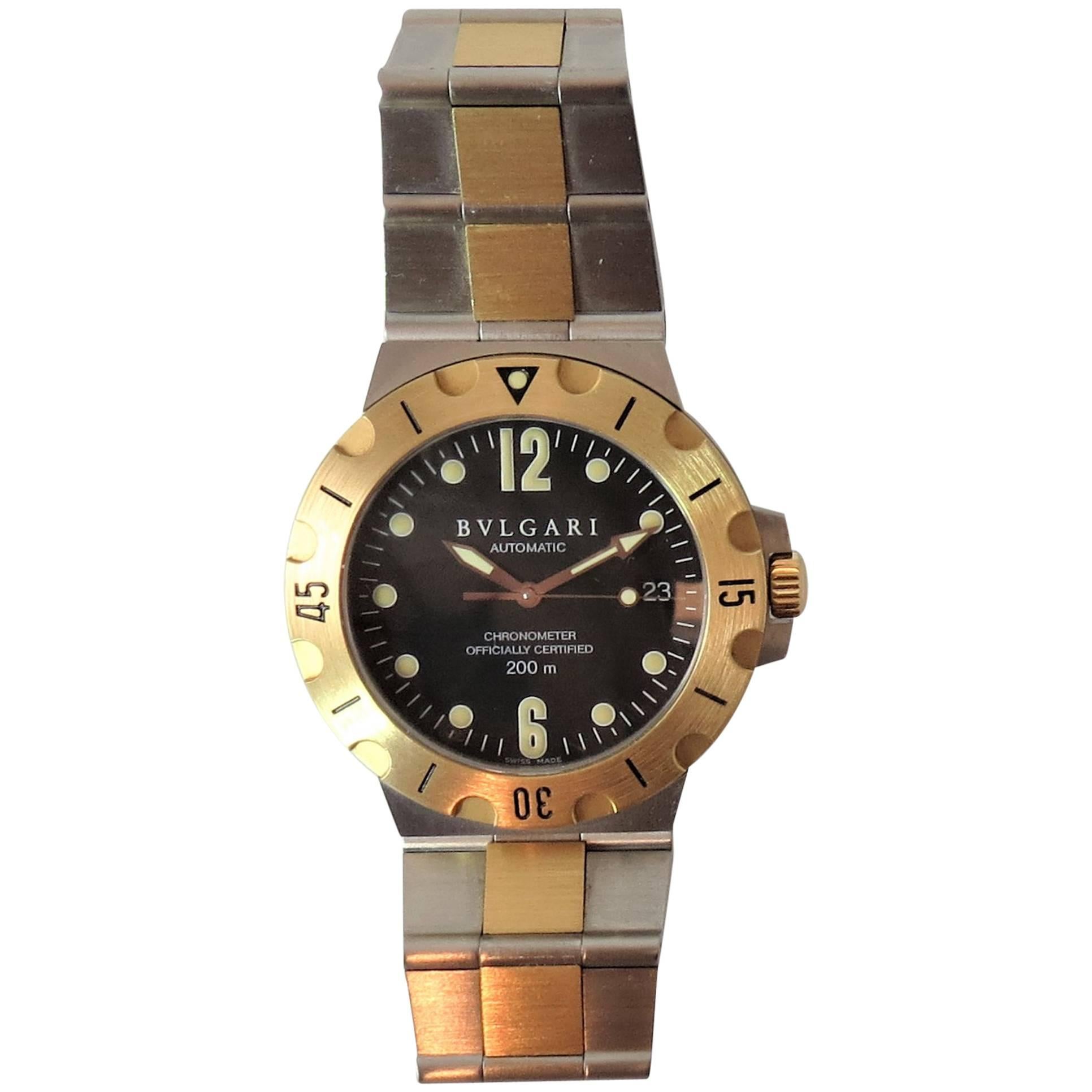 Bulgari Ladies Yellow Gold Stainless Steel Scuba automatic Bracelet Wristwatch For Sale