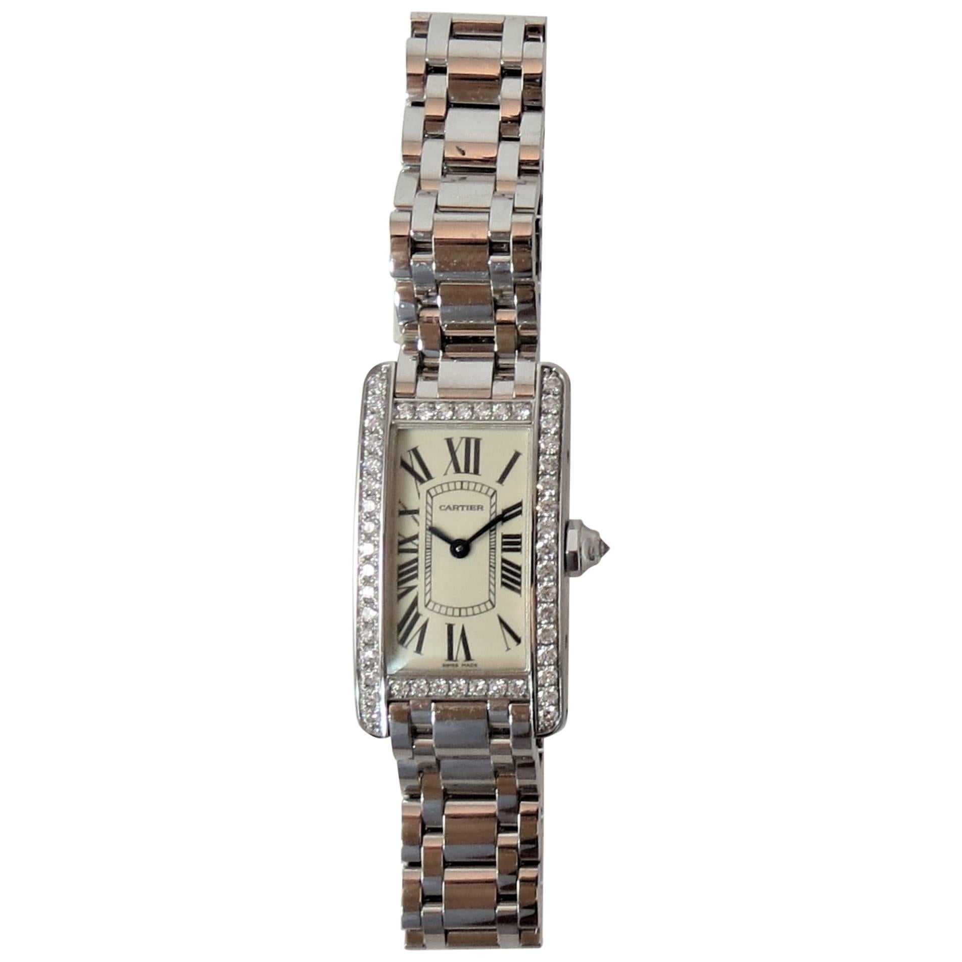 Brand New Cartier White Gold Diamond Tank Americaine Bracelet Wristwatch