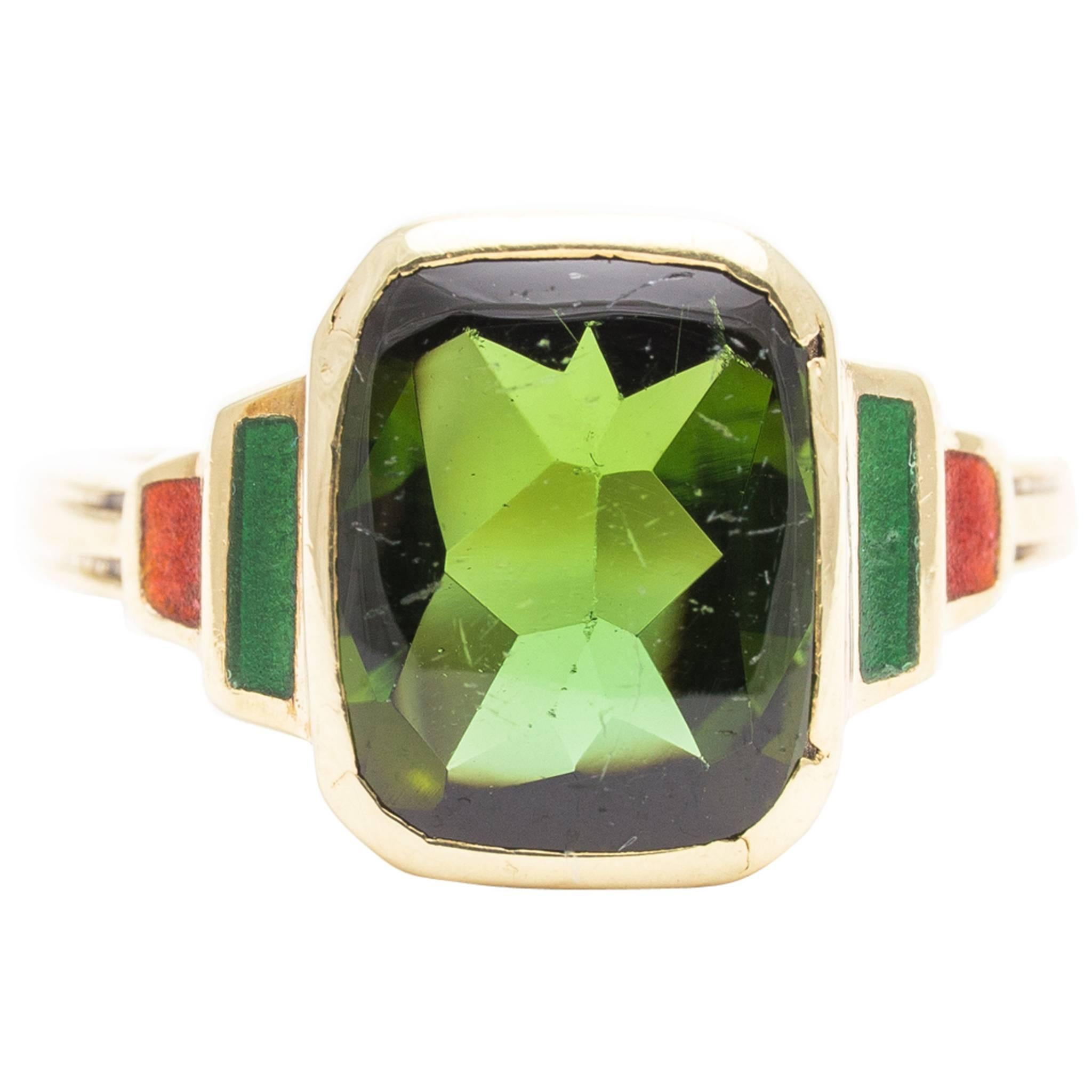 Art Deco Tourmaline and Enamel Gold Ring  For Sale