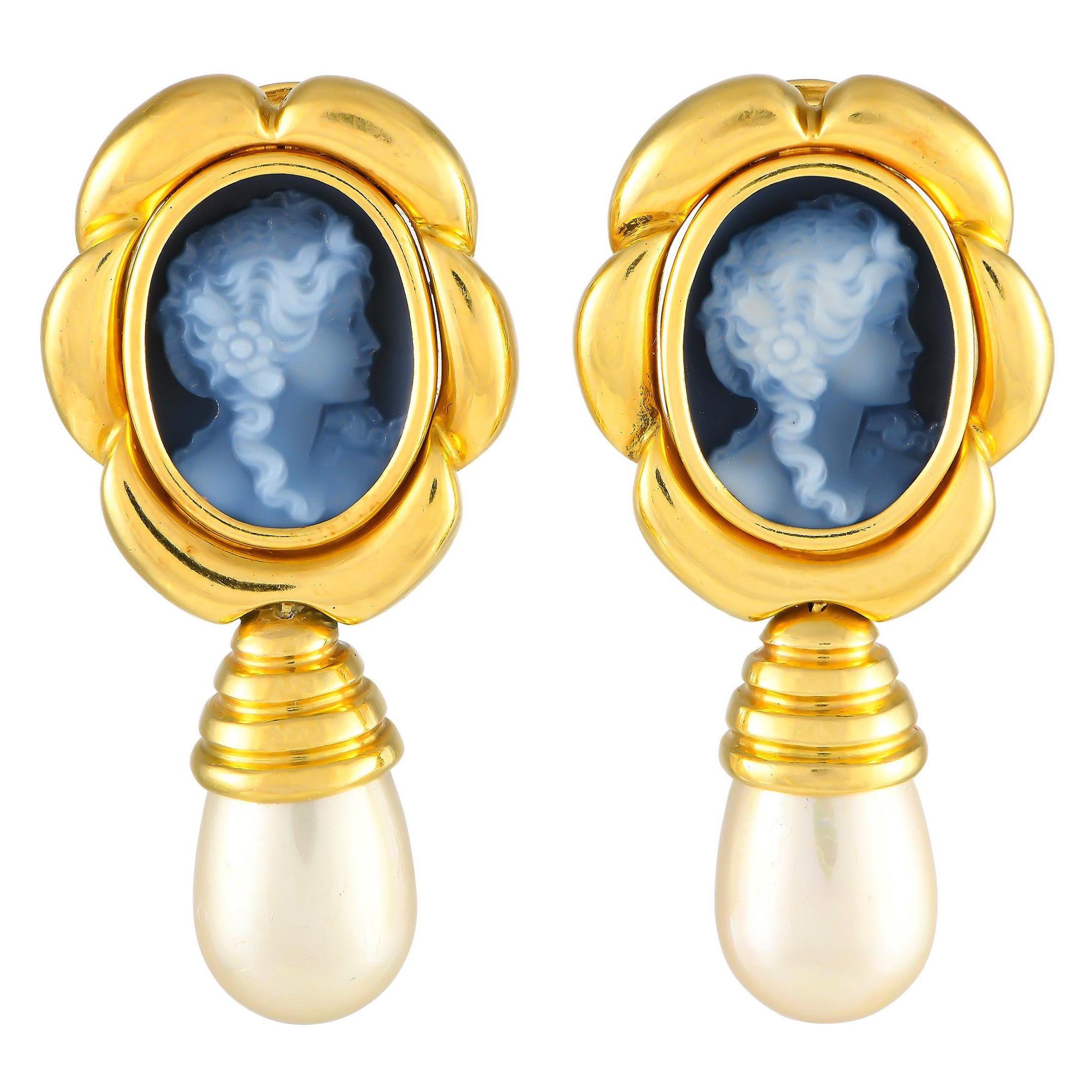 18K Yellow Gold Cameo and Pearl Earrings MF16-091224