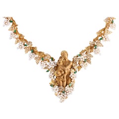 Carrera y Carrera 18K Gold 3.25ct Diamond Pearl Emerald Garden of Eden Necklace