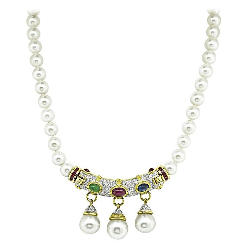 4.50ct Precious Gemstone 1.75ct Diamond Pearl Necklace For Sale