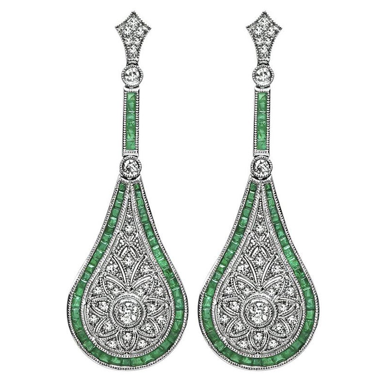 1.50ct Emerald 0.73ct Diamond Drop Earrings