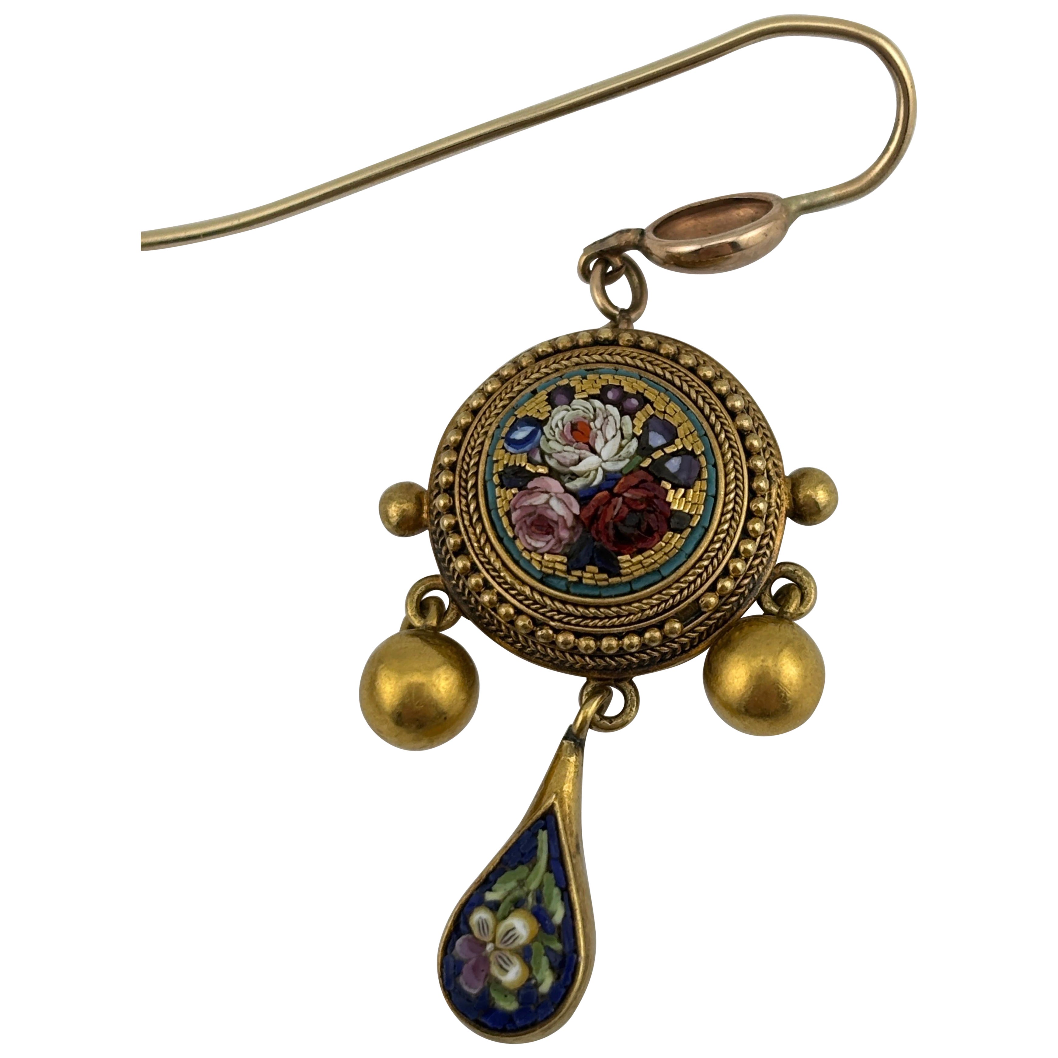 Late 19th Century Italian Micro Mosaic 18k Yellow Gold Chandelier Earrings For Sale