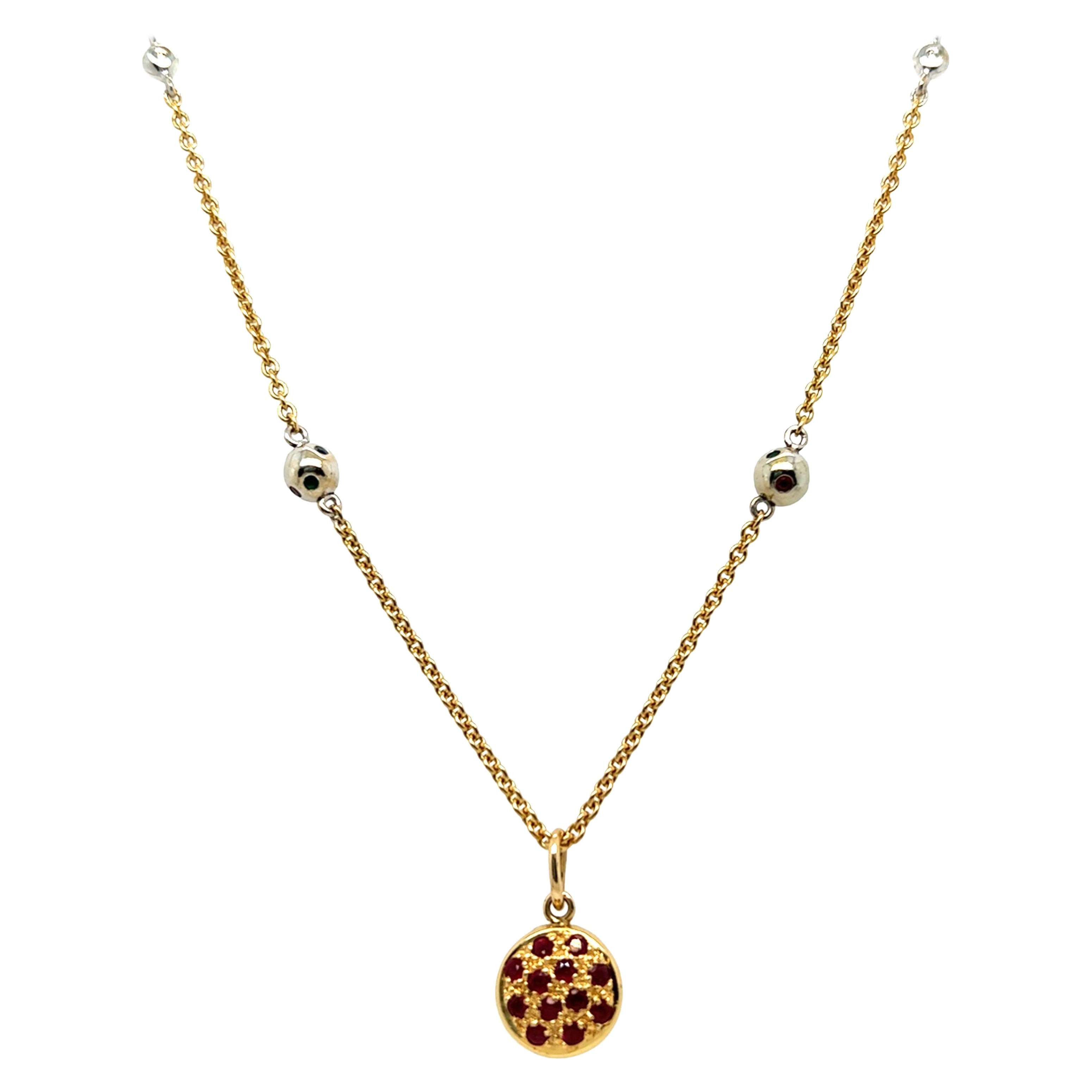 Cluster Diamond and Ruby Round Convertible Pendant Necklace 18K Yellow Gold