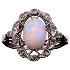 Art Deco 1920s Platinum Opal and Diamond Openwork Panel Ring