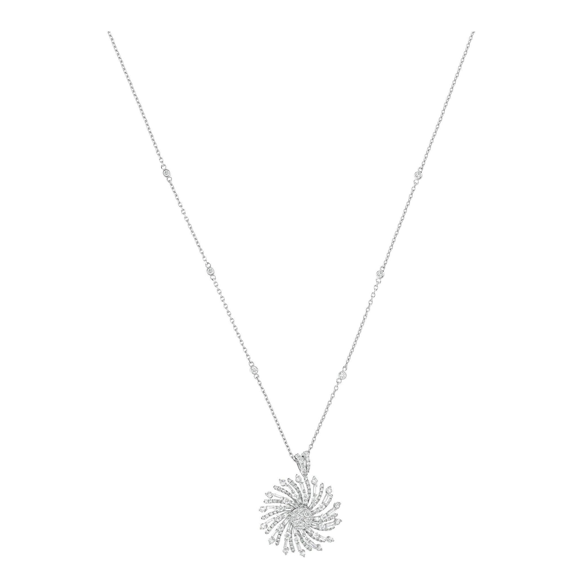 1.83 Carat SI/H Baguette Round Diamond Sunflower Pendant Necklace 14k White Gold