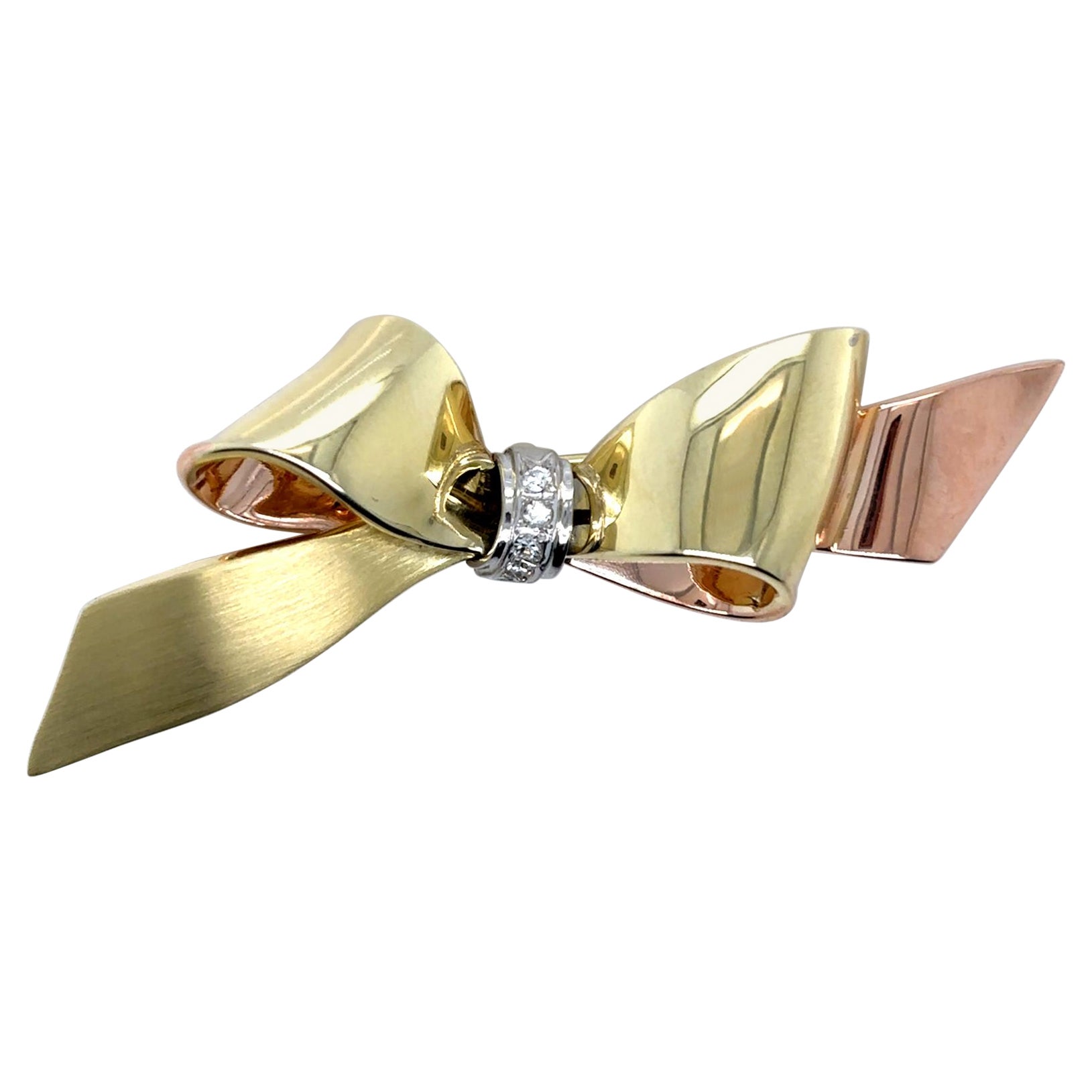 Vintage Diamond Set Bow Brooch 14 Karat Yellow White Rose Gold