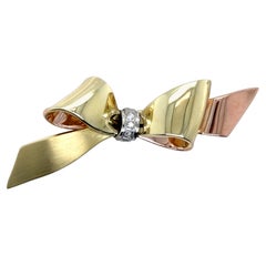 Vintage Diamond Set Bow Brooch 14 Karat Yellow White Rose Gold