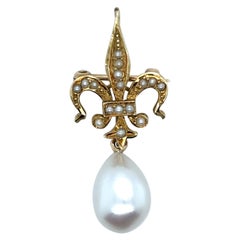 Vintage Fleur-de-lys Pearl Pendant Brooch 14 Karat Yellow Gold