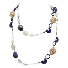 Vintage Luise Lapis, Hard Stones, Onyx, Pearls, Mother-of-Pearl Gold and Silver Nacklace