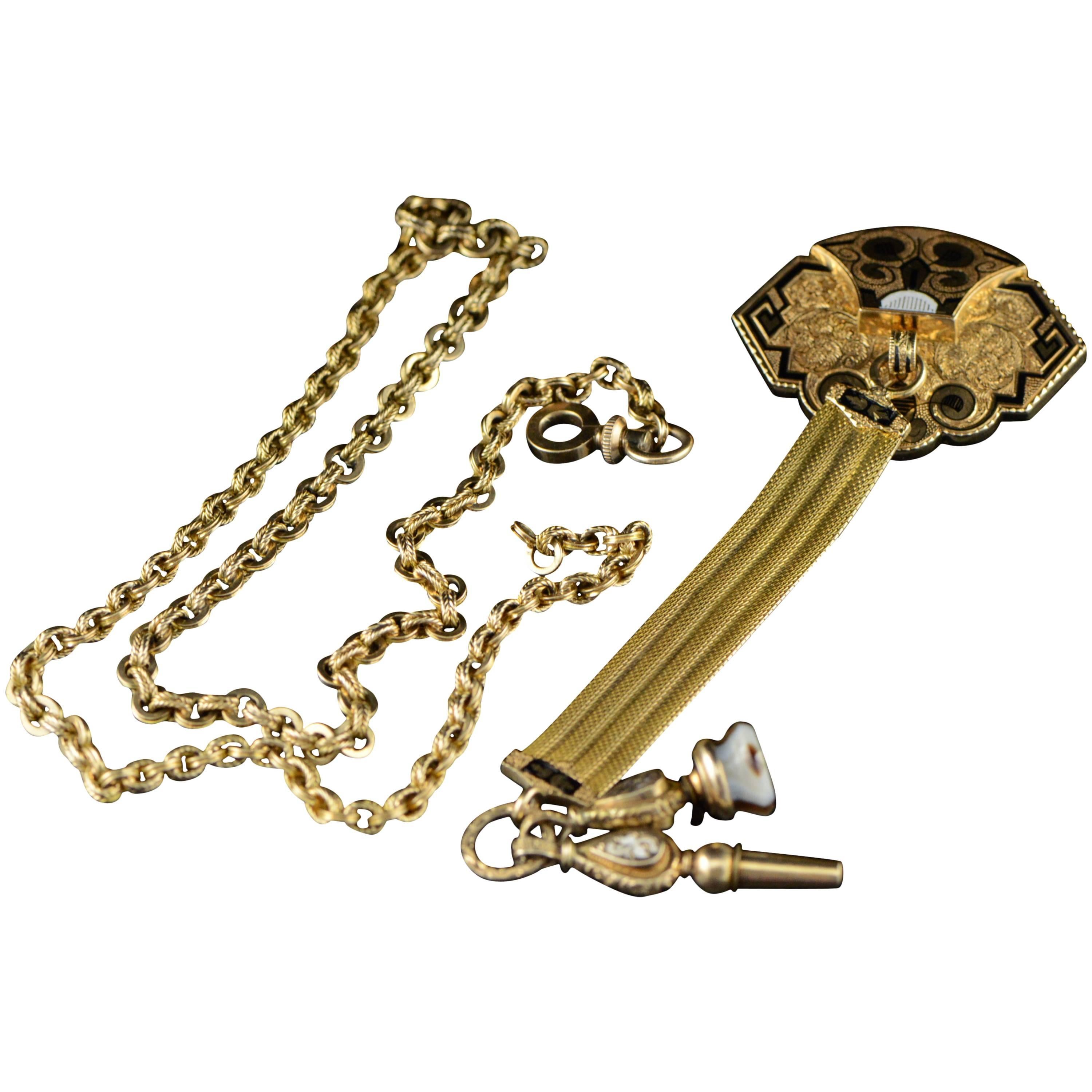 Victorian Mourning Era Gold Watch Pin Fob and Chain 1890s