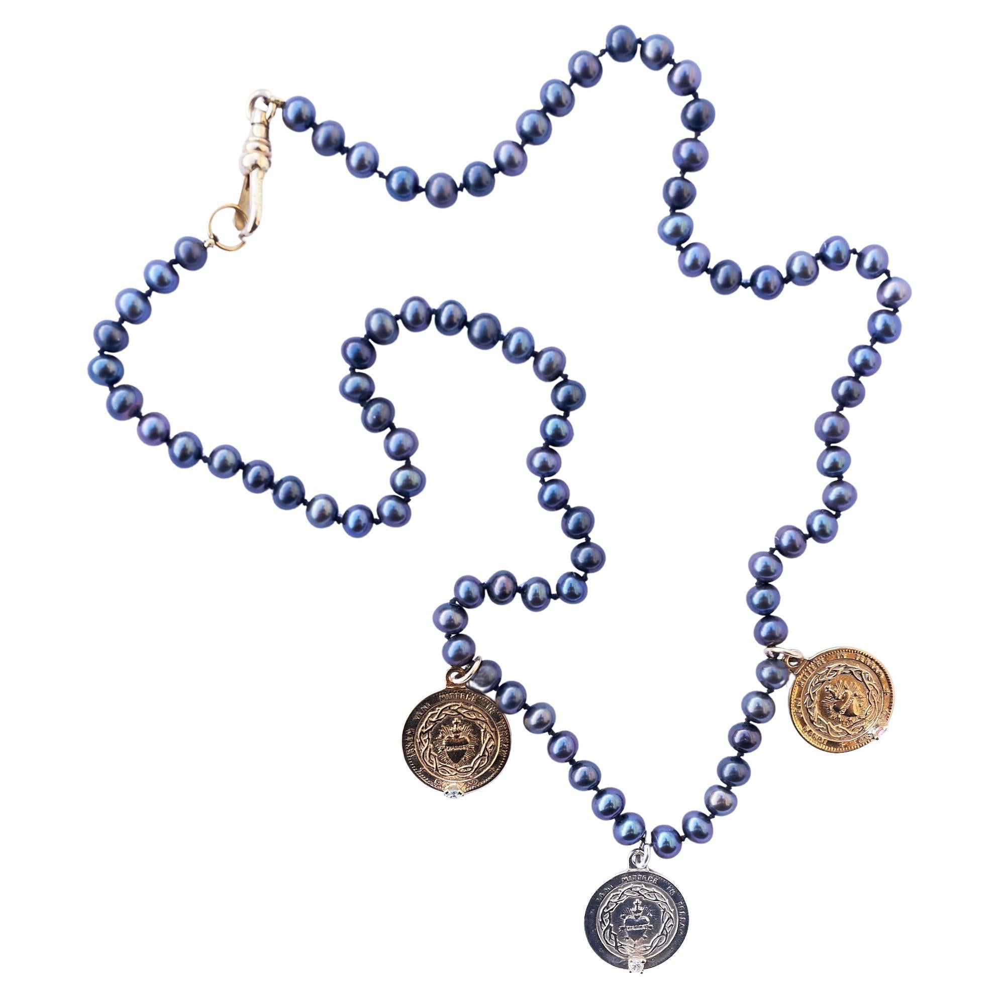 Sacred Heart Medal Necklace Black Pearl