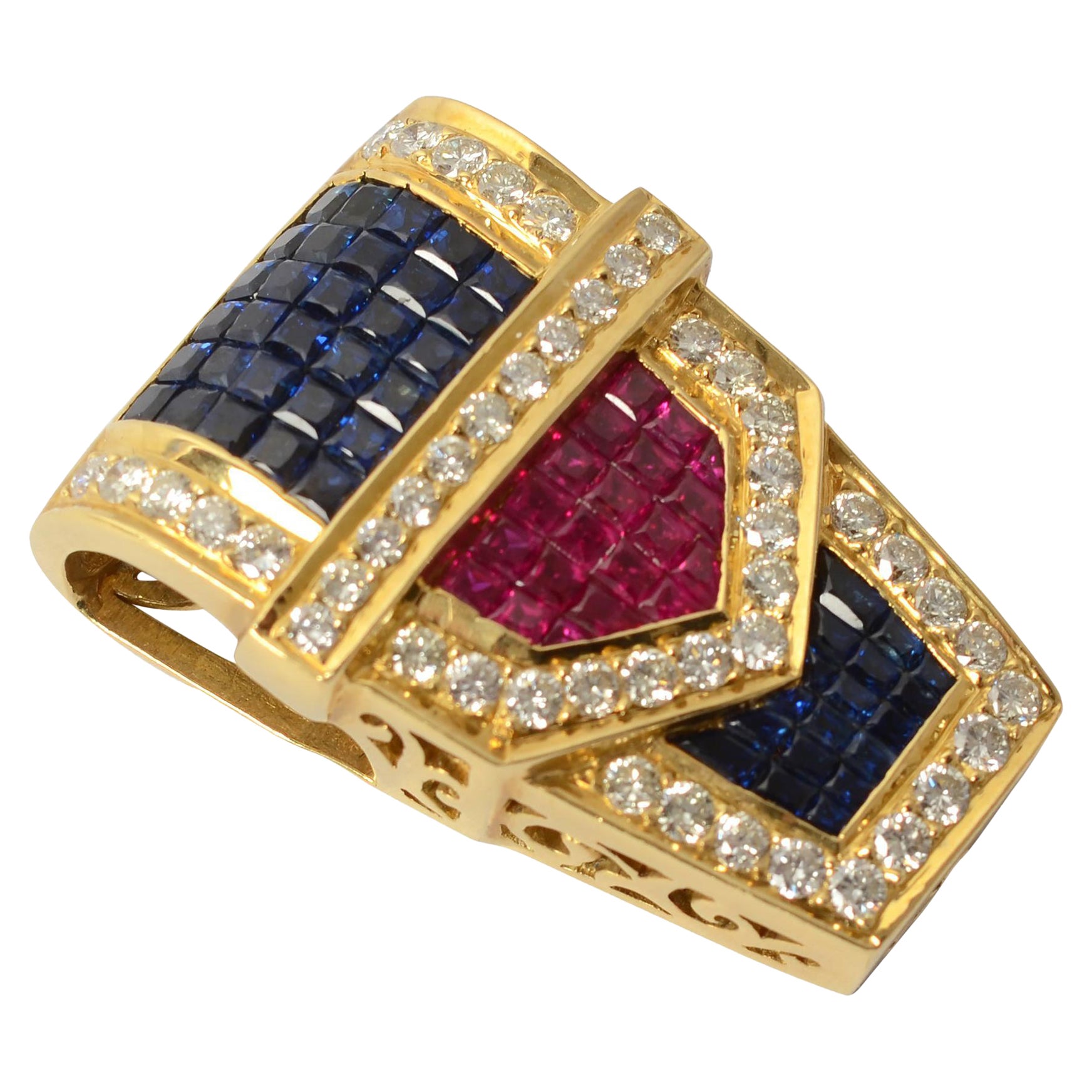Elegant Invisibly Set Ruby, Sapphire and Diamond Gold Buckle Pendant