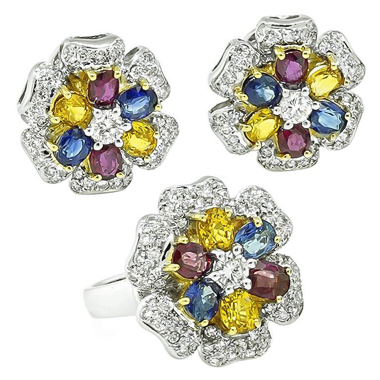 9.00ct Multi Color Sapphire 3.60ct Diamond Ring and Earrings Set For Sale