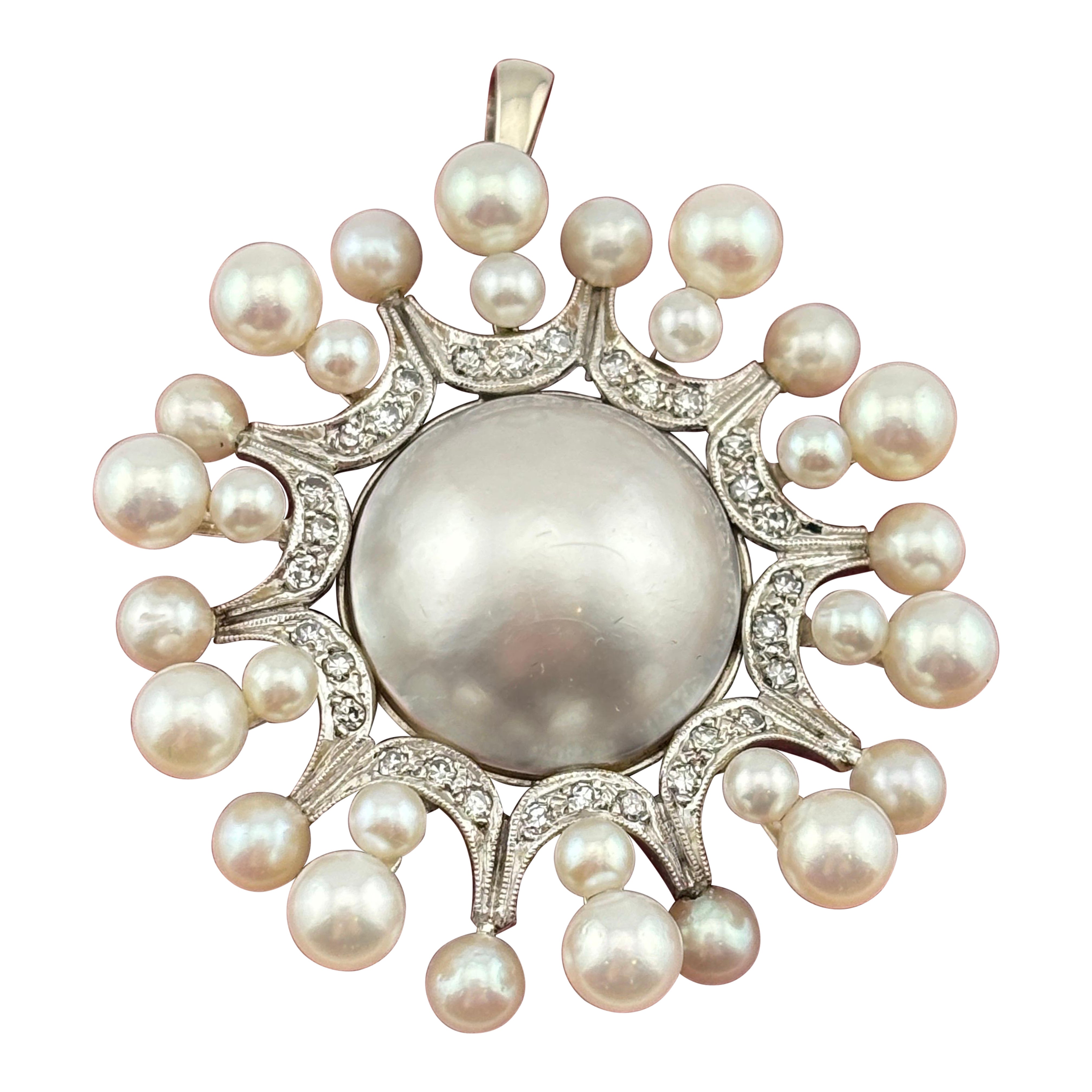 Classic Beautiful Pearl & Diamond Round 14k White Gold Pendant