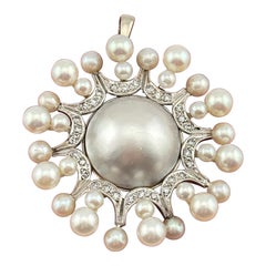 Classic Beautiful Pearl & Diamond Round 14k White Gold Pendant