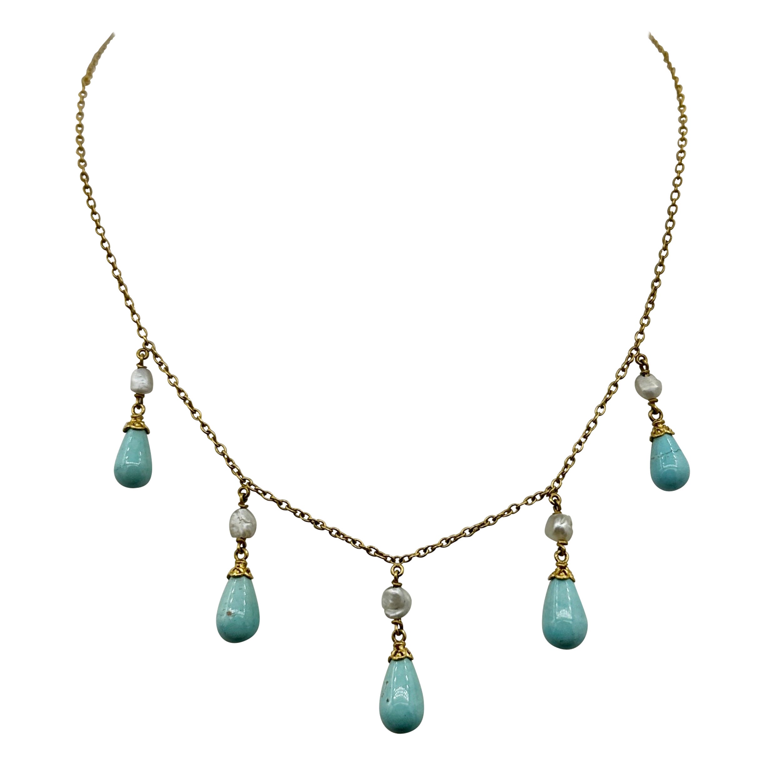 Persian Turquoise Pearl Necklace Antique Victorian Fringe Teardrop Riviere Gold