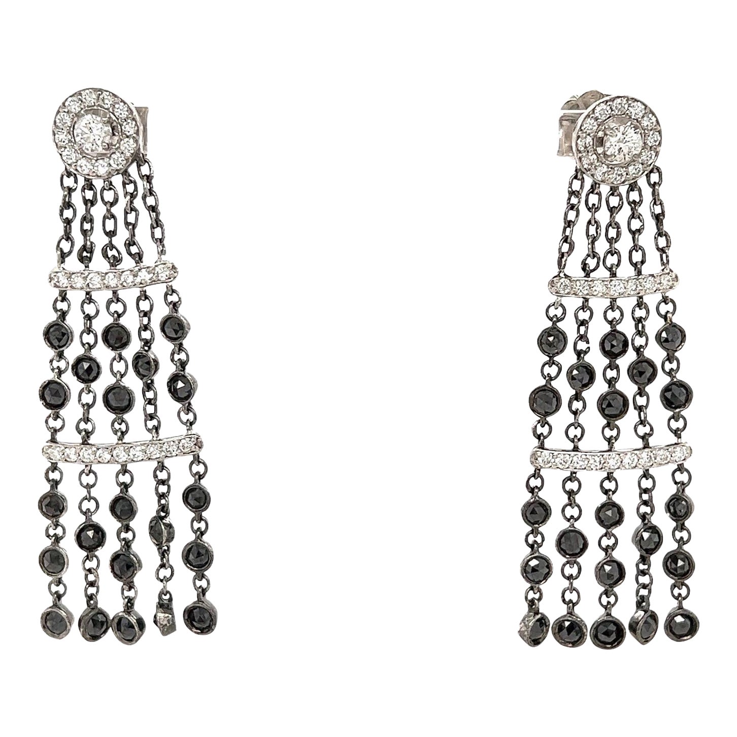 4.43 Carat Black Diamond White Diamond White Gold Dangle Earrings