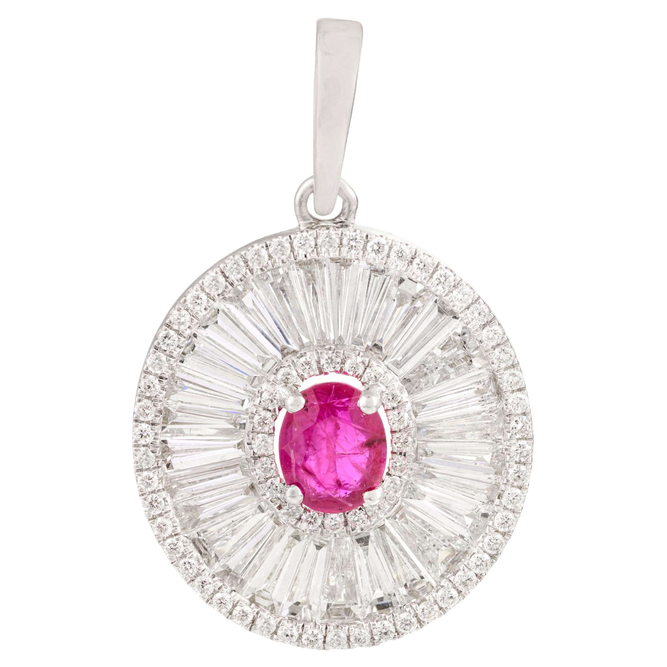 Minimalist Genuine Ruby Diamond Halo Pendant in 18k White Gold