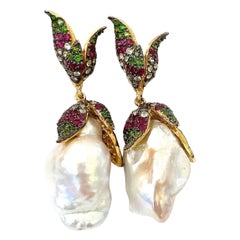 Bochic Orient-Ohrringe aus 18 Karat Gold und Silber mit Rubin, Topas und mehreren ausgefallenen Edelsteinen