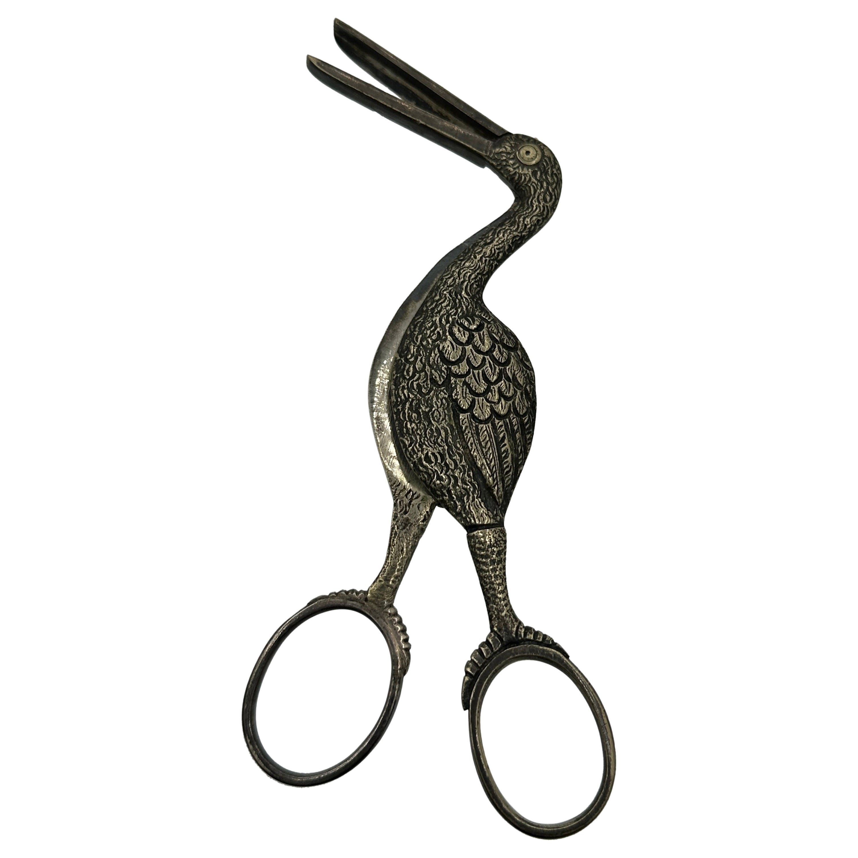 Silver Birth Stork Scissors 19th Century Baby Birth Announcement Umbilical Clamp