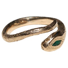 Green Emerald White Diamond Snake Ring Victorian Style