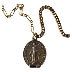 Blue Sapphire White Diamond Virgn Marie Necklace Medal