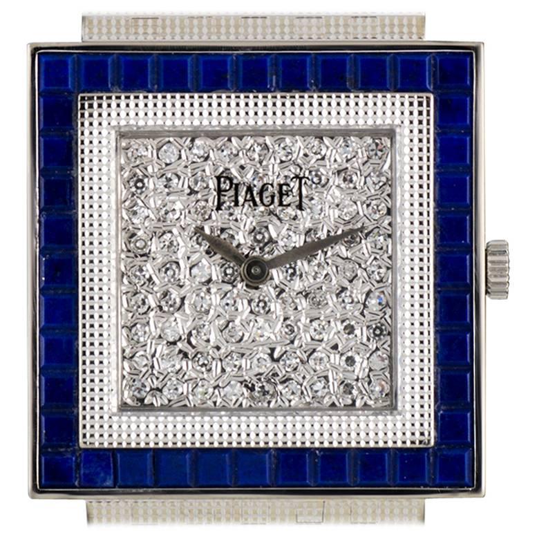 Piaget Ladies White Gold Pave Diamond Dial Lapis Lazuli Bezel Wristwatch