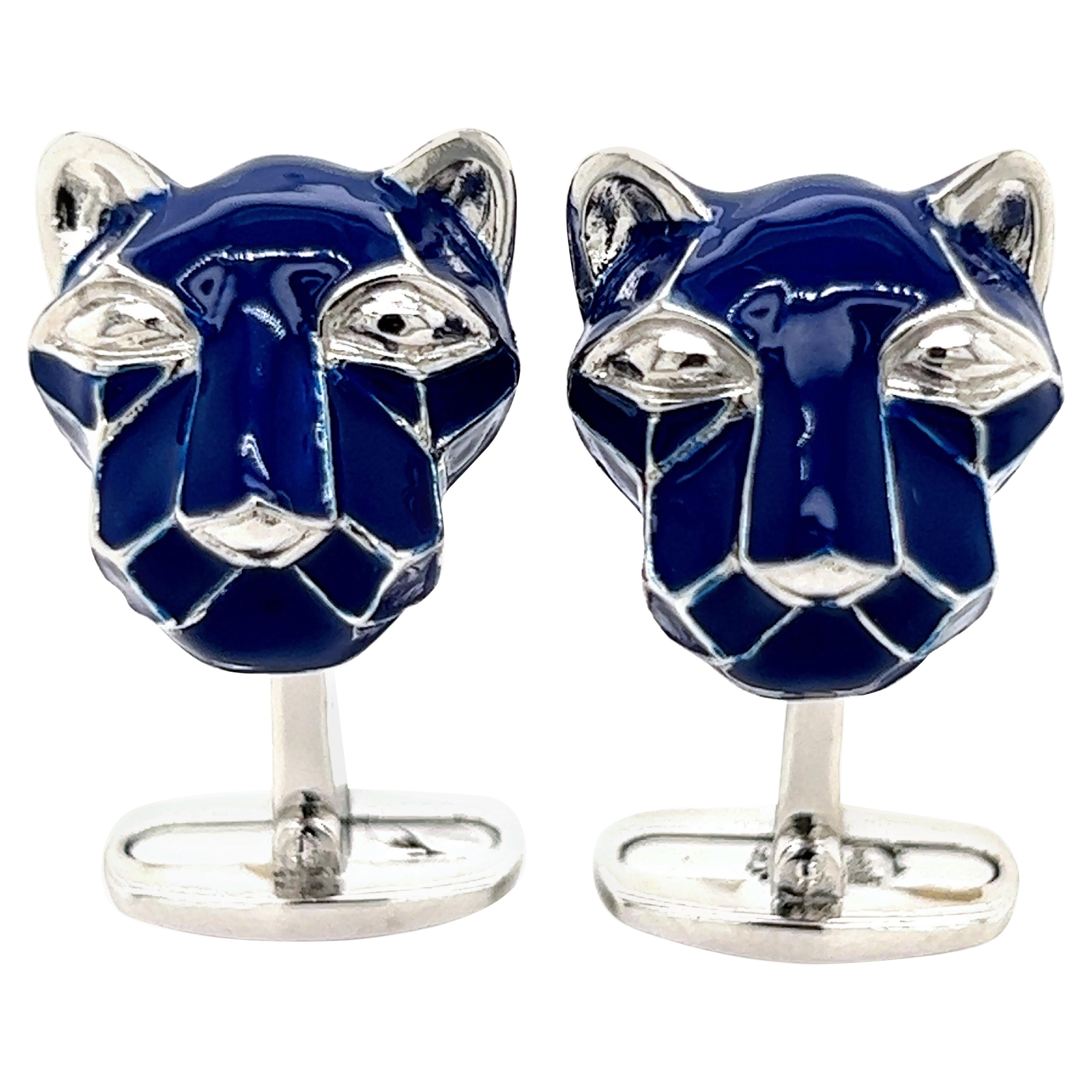 Berca Navy Blue Hand Enameled Cougar Head Shaped Sterling Silver Cufflinks