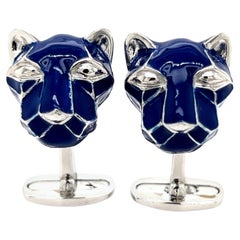 Berca Navy Blue Hand Enameled Cougar Head Shaped Sterling Silver Cufflinks