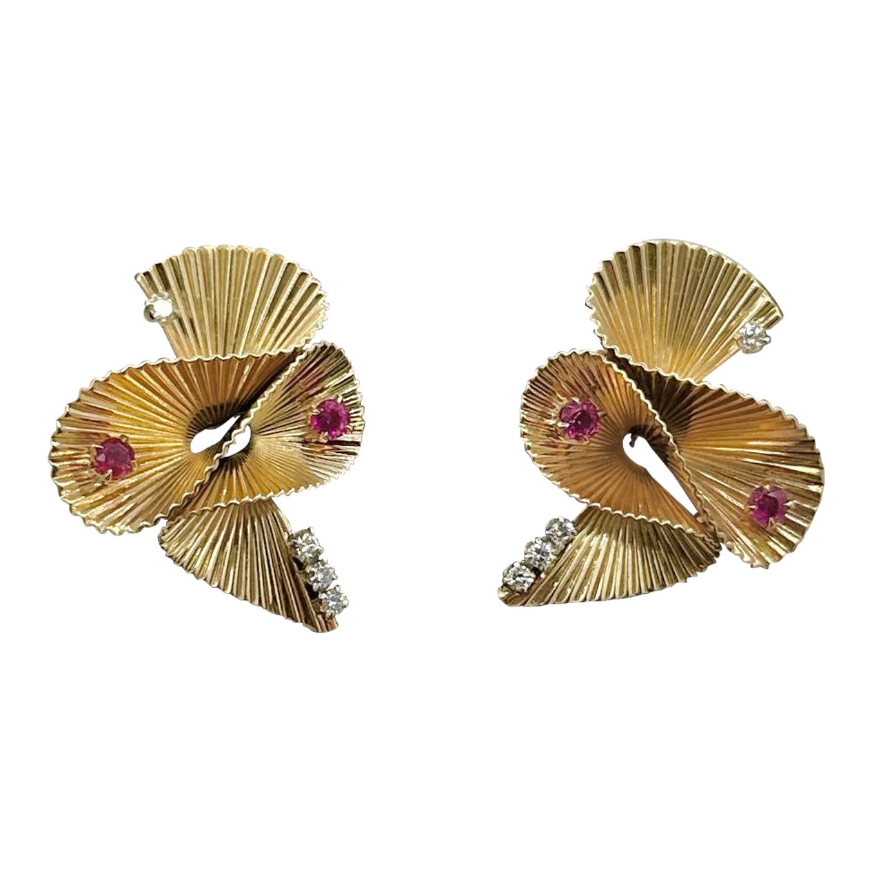 Retro Ruby Diamond Earrings 14 Karat Gold Mid-Century Modern Ribbon Motif