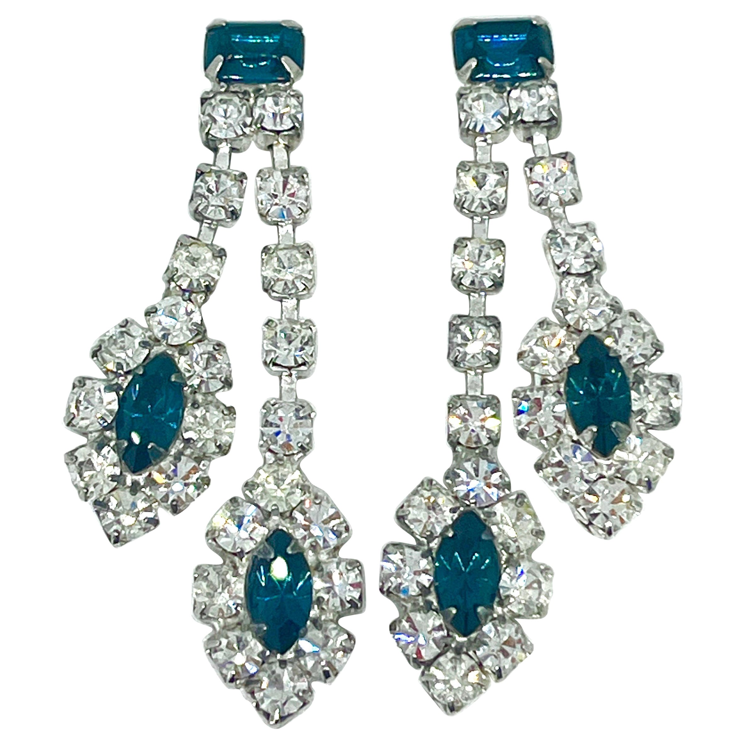 Faux Sapphire Marquise CZ Double Strand Ellipse Dangle Earrings, Pierced