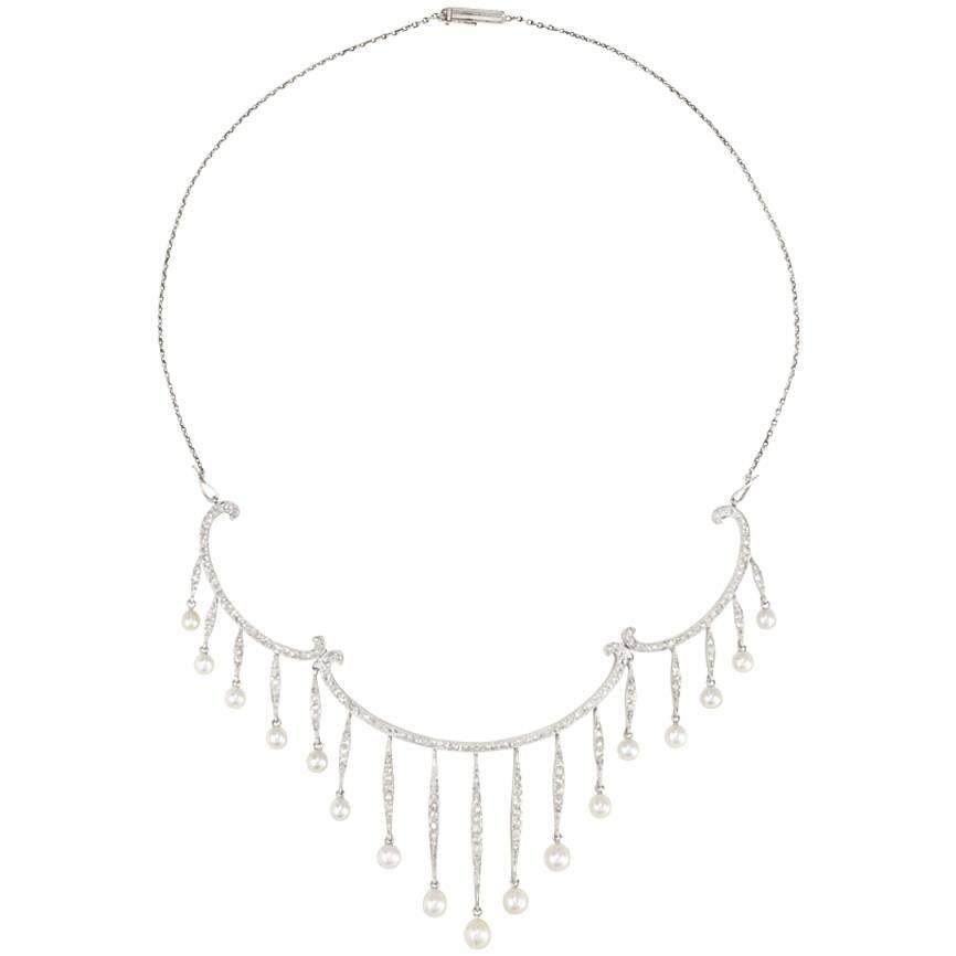 Edwardian pearl, diamond, and platinum fringe necklace