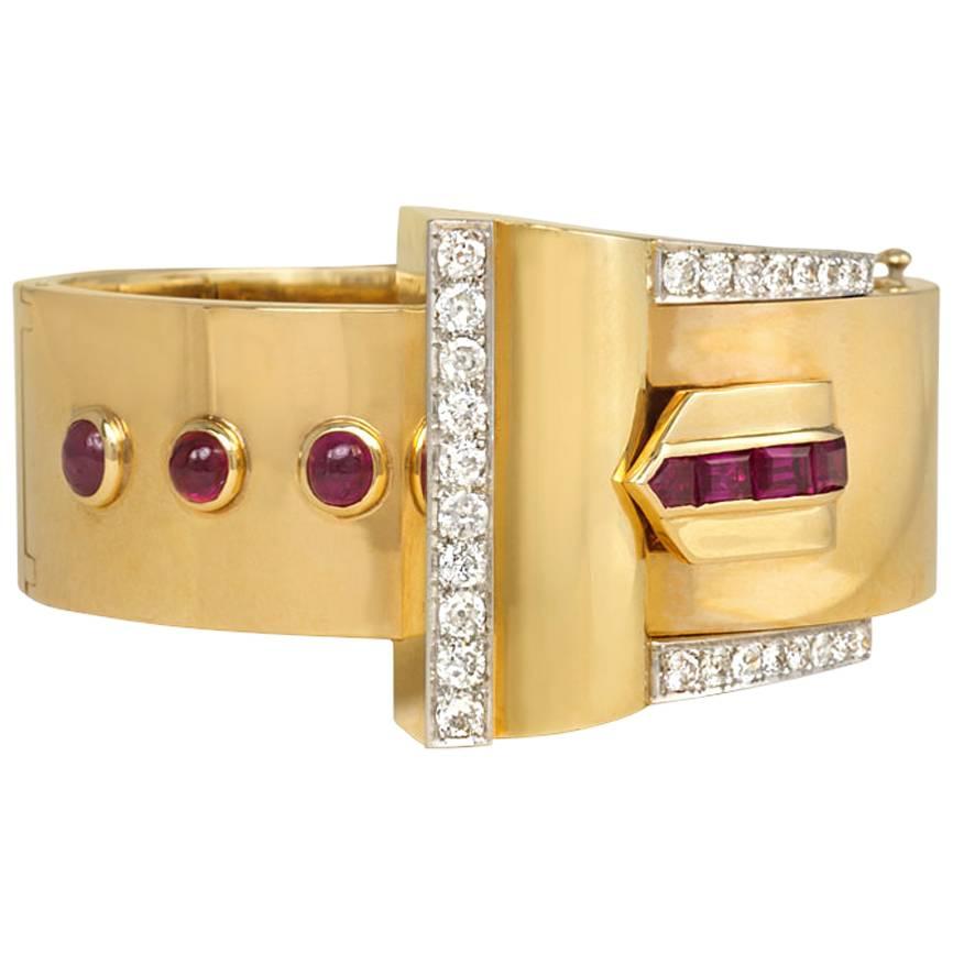 1940s Diamond Ruby Gold Cuff of Belt Strap Design
