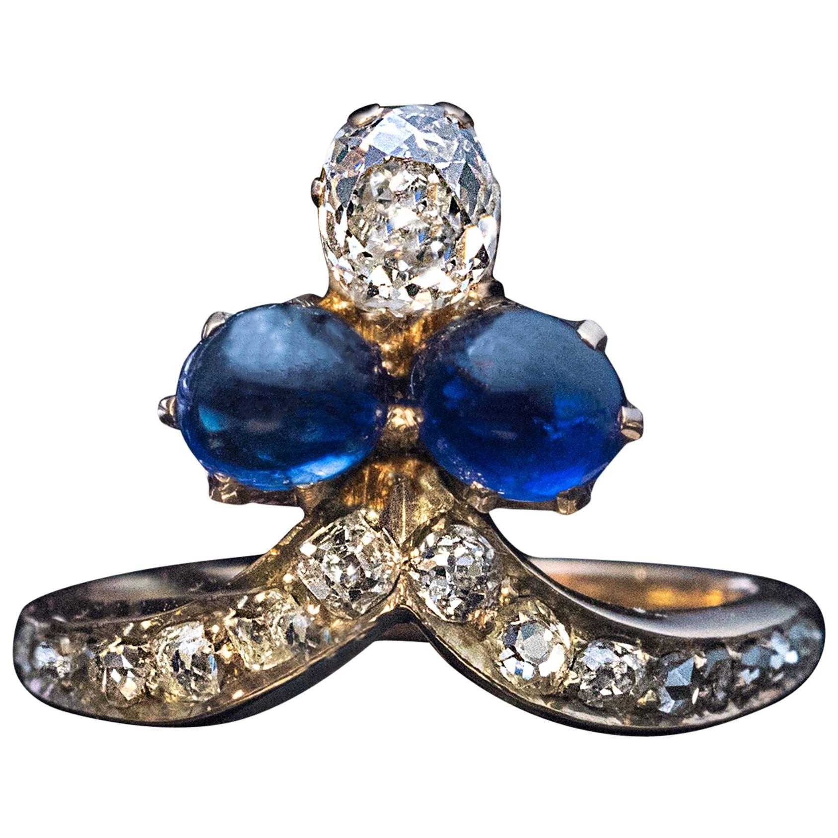 Antique Russian Cabochon Sapphire Diamond Ring