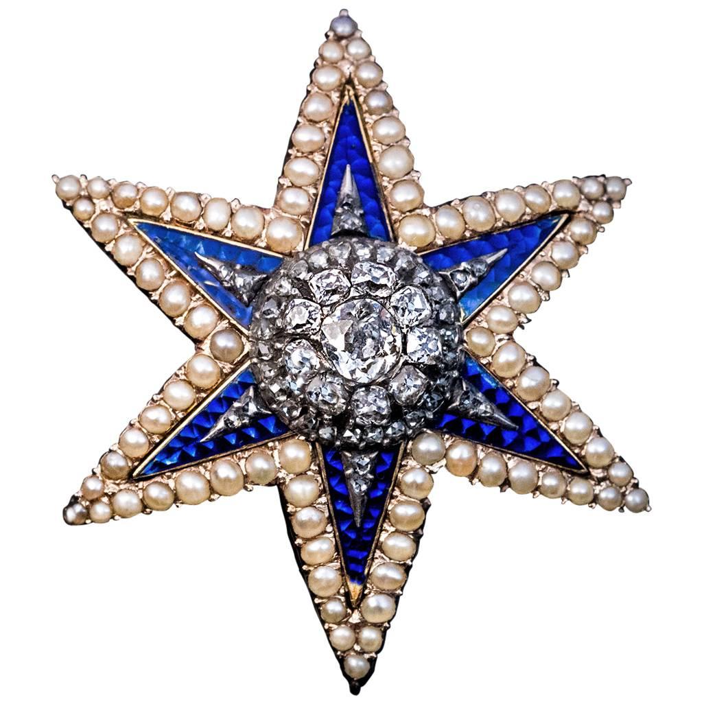 Antique Diamond Enamel Pearl Star Brooch Pendant