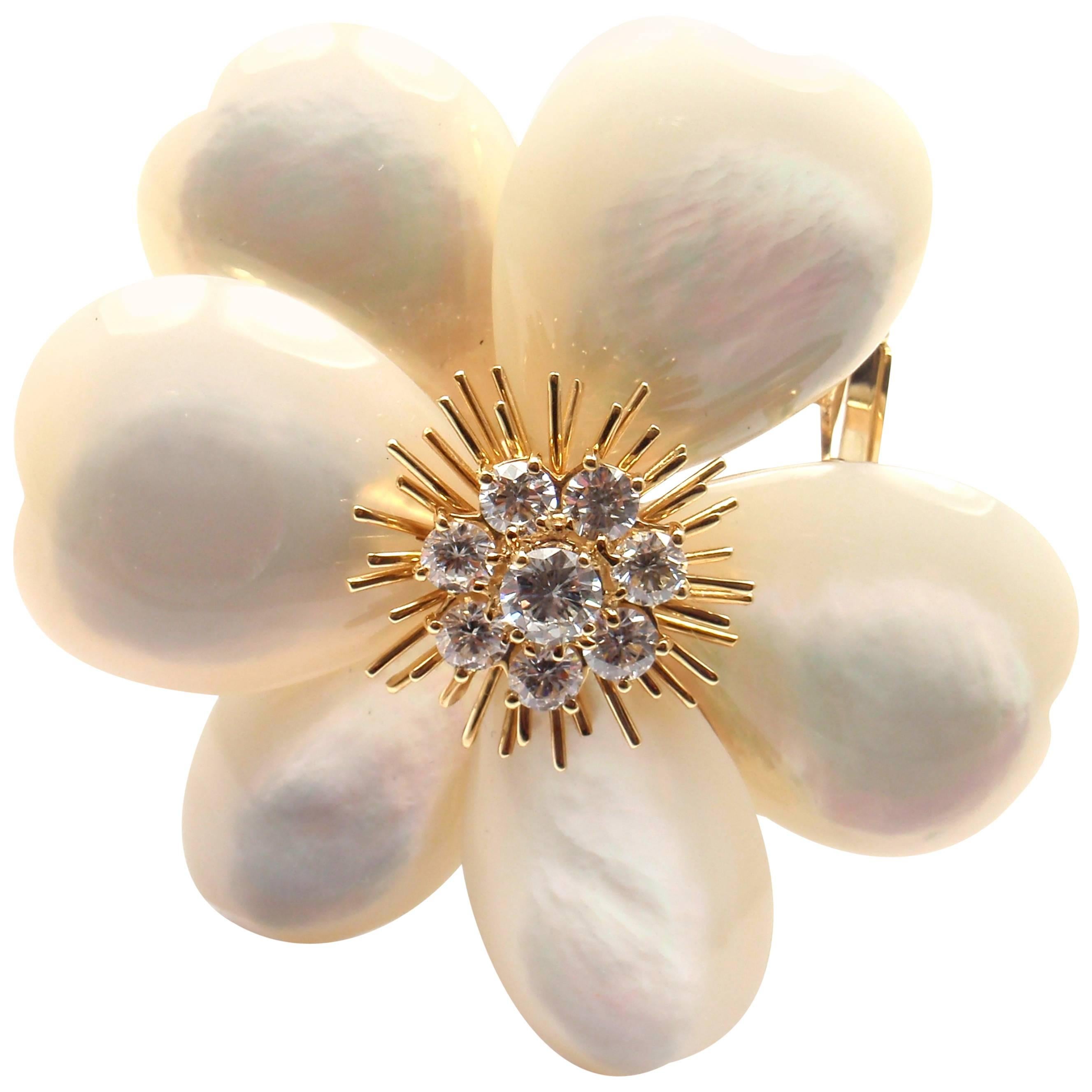 Van Cleef & Arpels Rose de Noel Diamond Mother Of Pearl Large Yellow Gold Brooch