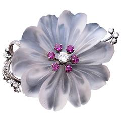 Retro Jeweled Carved Rock Crystal Brooch 