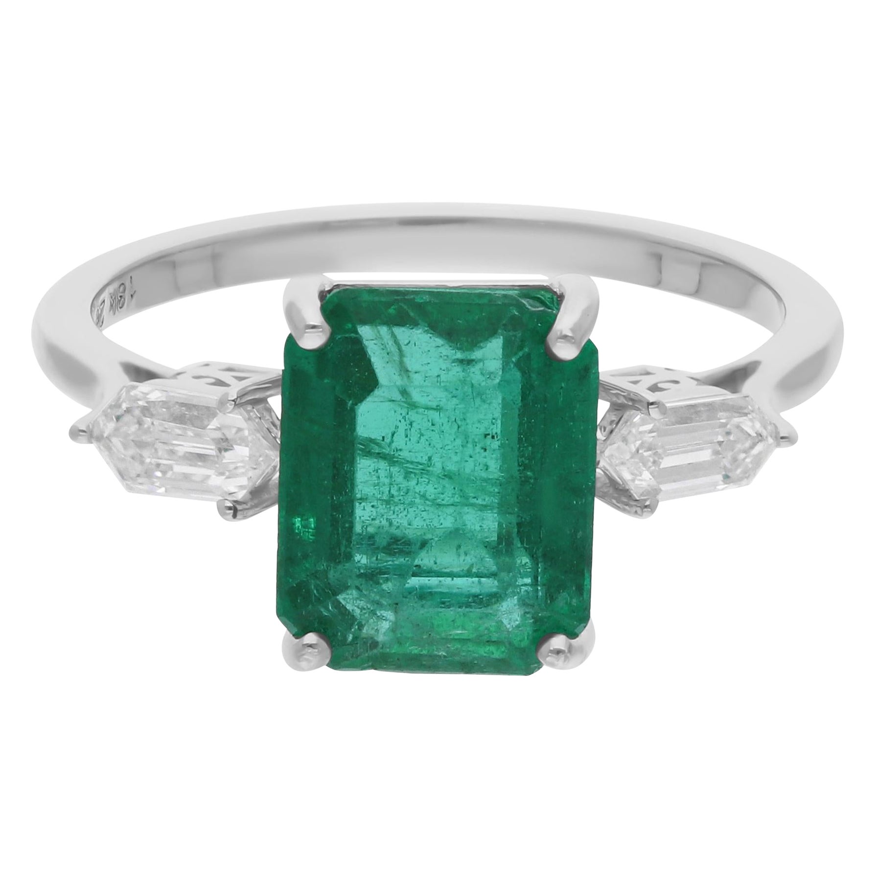 Anillo de Esmeralda de Zambia SI/H Diamante Oro Blanco 14 Kilates Joyas hechas a mano