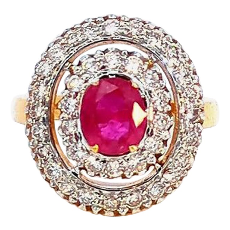 1.1 Carat Ruby and Diamond Halo 18K Gold Ring