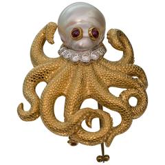 Vintage Andrew Clunn Ornate Pearl Ruby  Diamond Octopus Pin