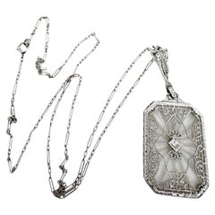 Vintage Camphor Glass Filigree Necklace 14K White Gold