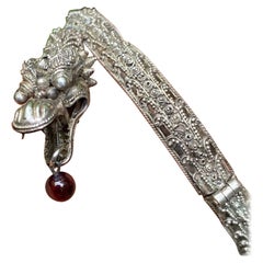 Antique Dragon Hinged Bangle Silver