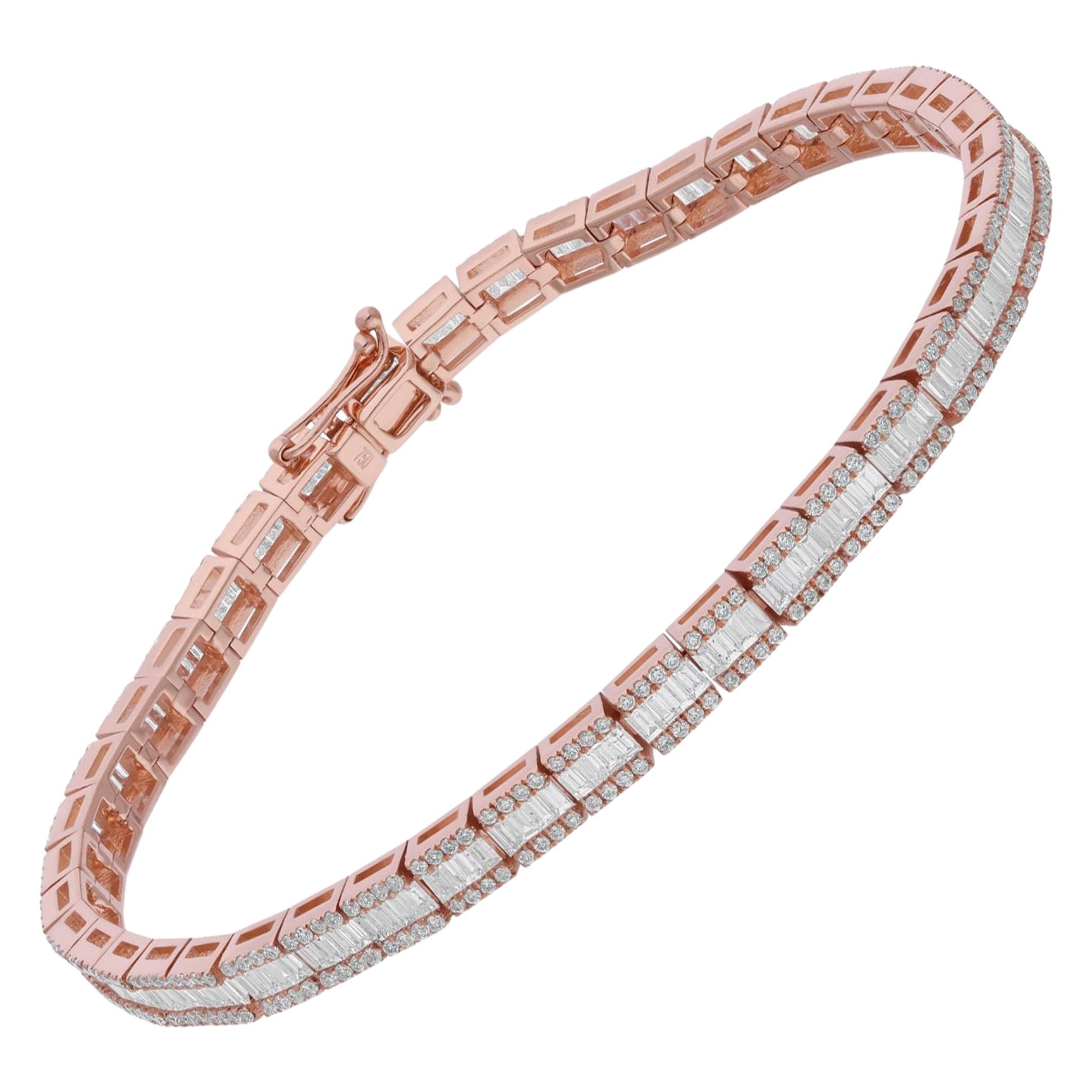 Real 3,75 Karat SI/H Baguette-Diamantarmband aus 14 Karat Roségold mit rundem Diamanten