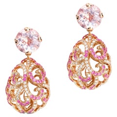 Quarzo rosa, zaffiro rosa, diamante, oro rosa 18 carati, orecchini a uovo in filigrana