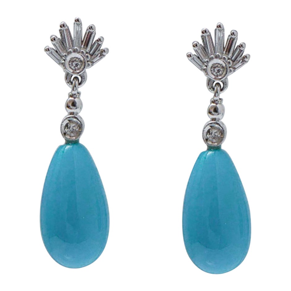 Turquoise, Diamonds 14 Karat White Gold Earrings