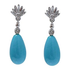 Turquoise, Diamonds 14 Karat White Gold Earrings